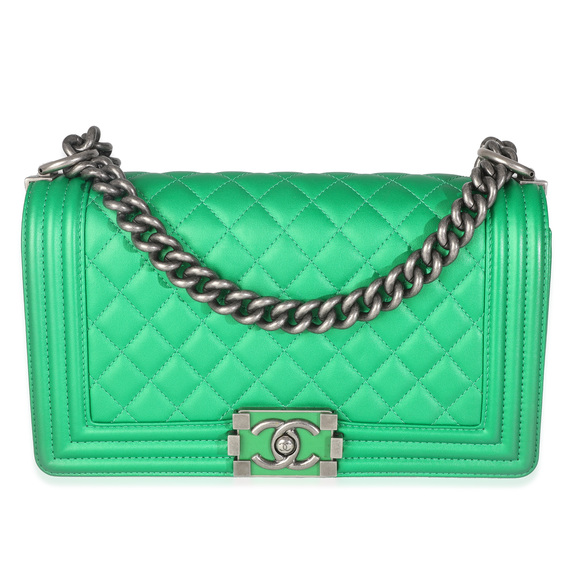 Chanel Green Quilted Lambskin Enamel CC Old Medium Boy Bag - Picture 1 of 8